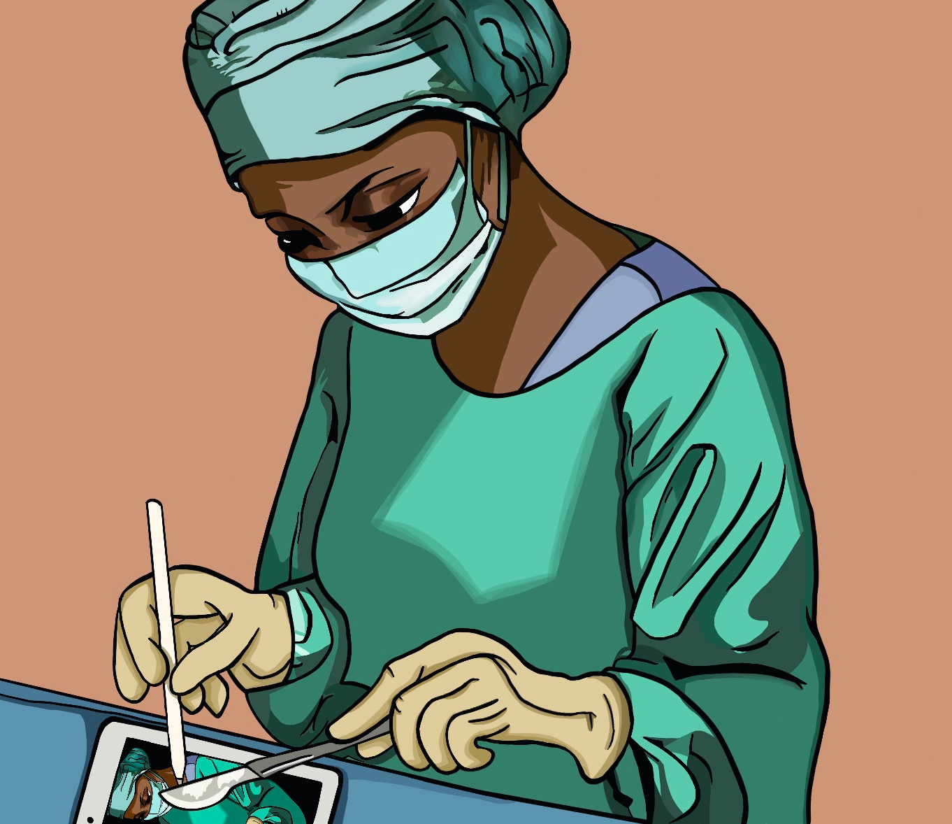 black surgeon with surgical cap and surgical mask looking down